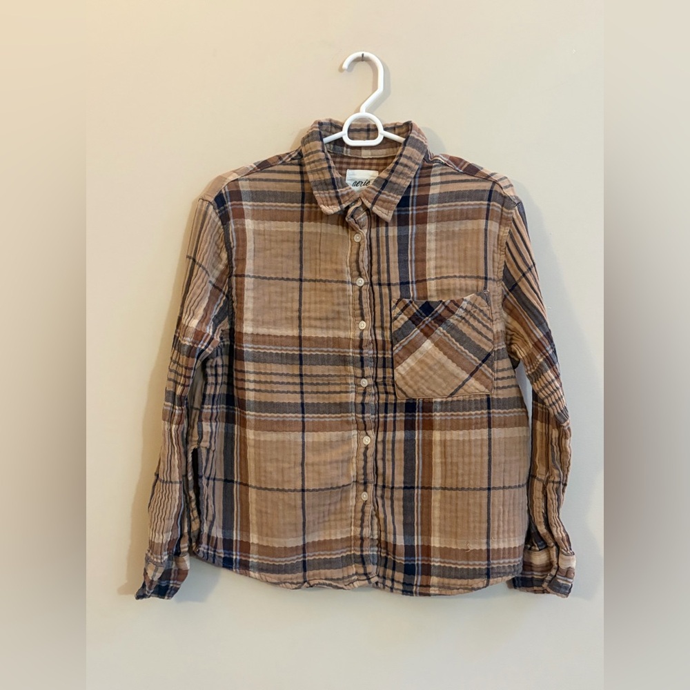 Aerie Plaid Flannel Long Sleeve Side Slit Button Down Shirt Top Comfy Casual